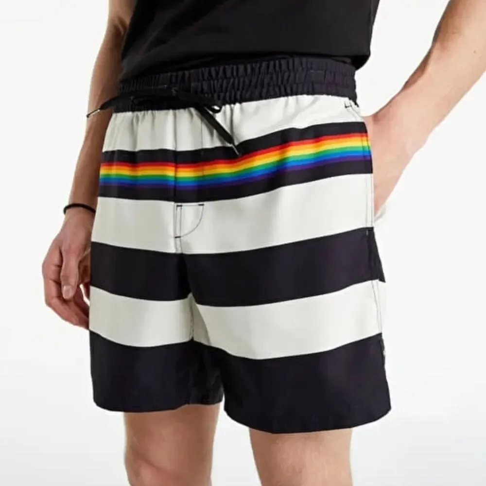 Vans Pride Collection Rainbow Striped Volley Swim Shorts Black Cream Medium NWT